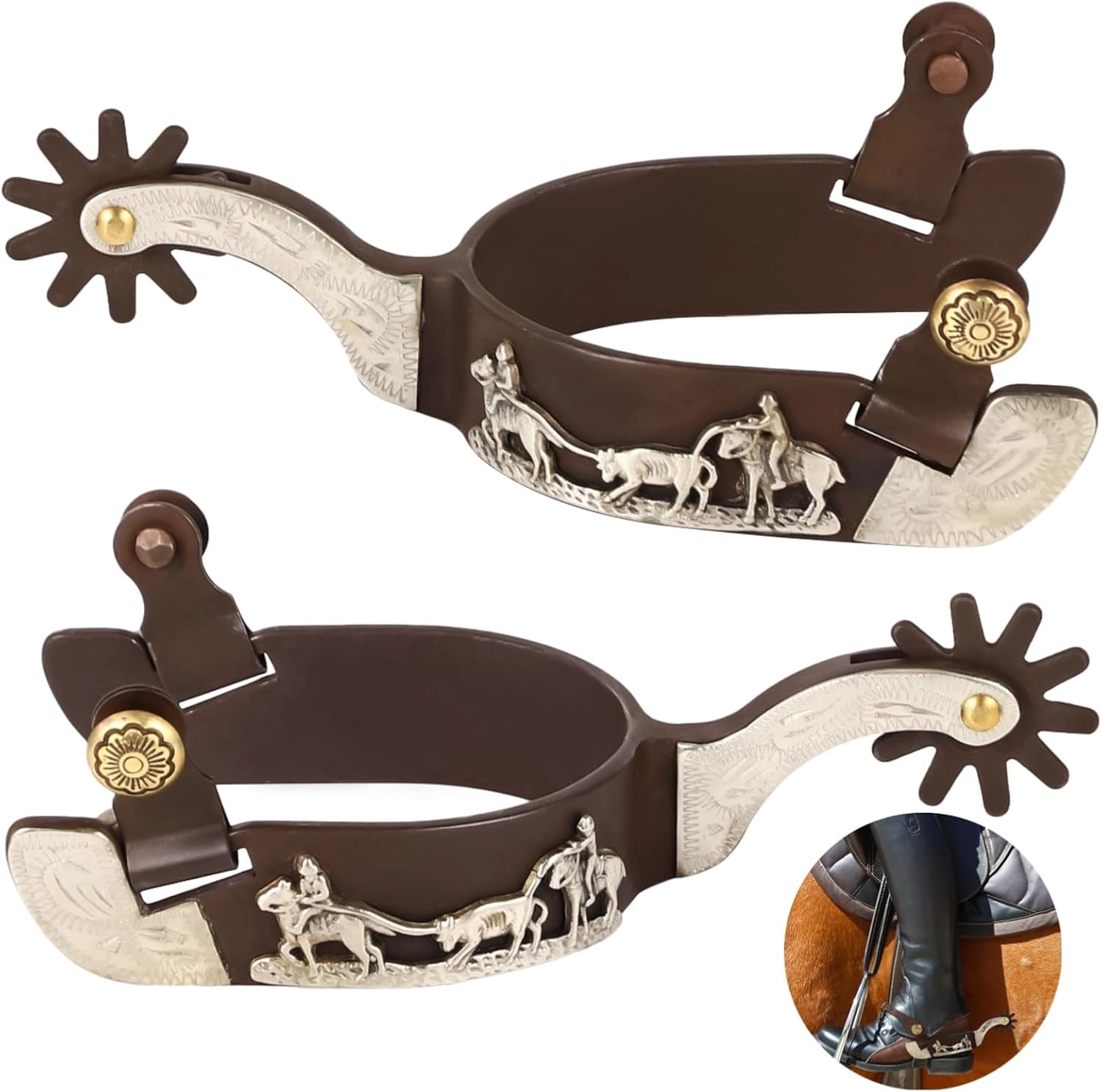 Lnrueg 2 Pcs Western Spurs, Cowboy Boot Spurs with Turnable Gear, Antique Copper and Brass Design with Engraved Trims, Retro Low Carbon Steel Horse Spurs
