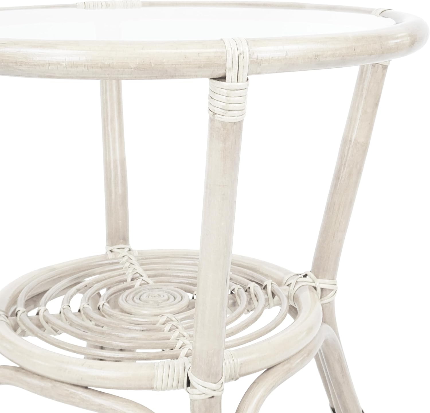 Leo Rattan Wicker Round Accent Coffee Table with Glass, White Color