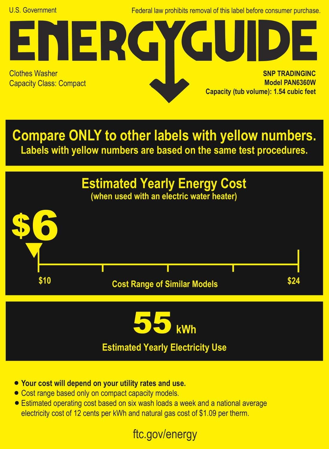 Energy Guide label for Clothes Washer, Compact, showing estimated yearly energy cost of $6 and 55 kWh