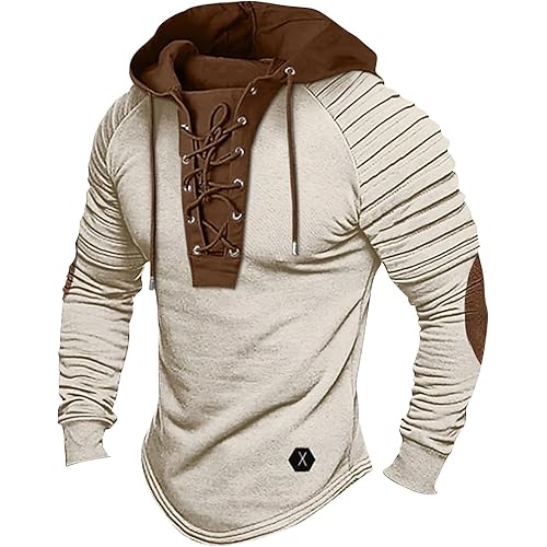 Men's Hoodies Shirt Vintage Medieval Hooded Lace Up Tops Casual Long Pleated Sleeve Patchwork Tops