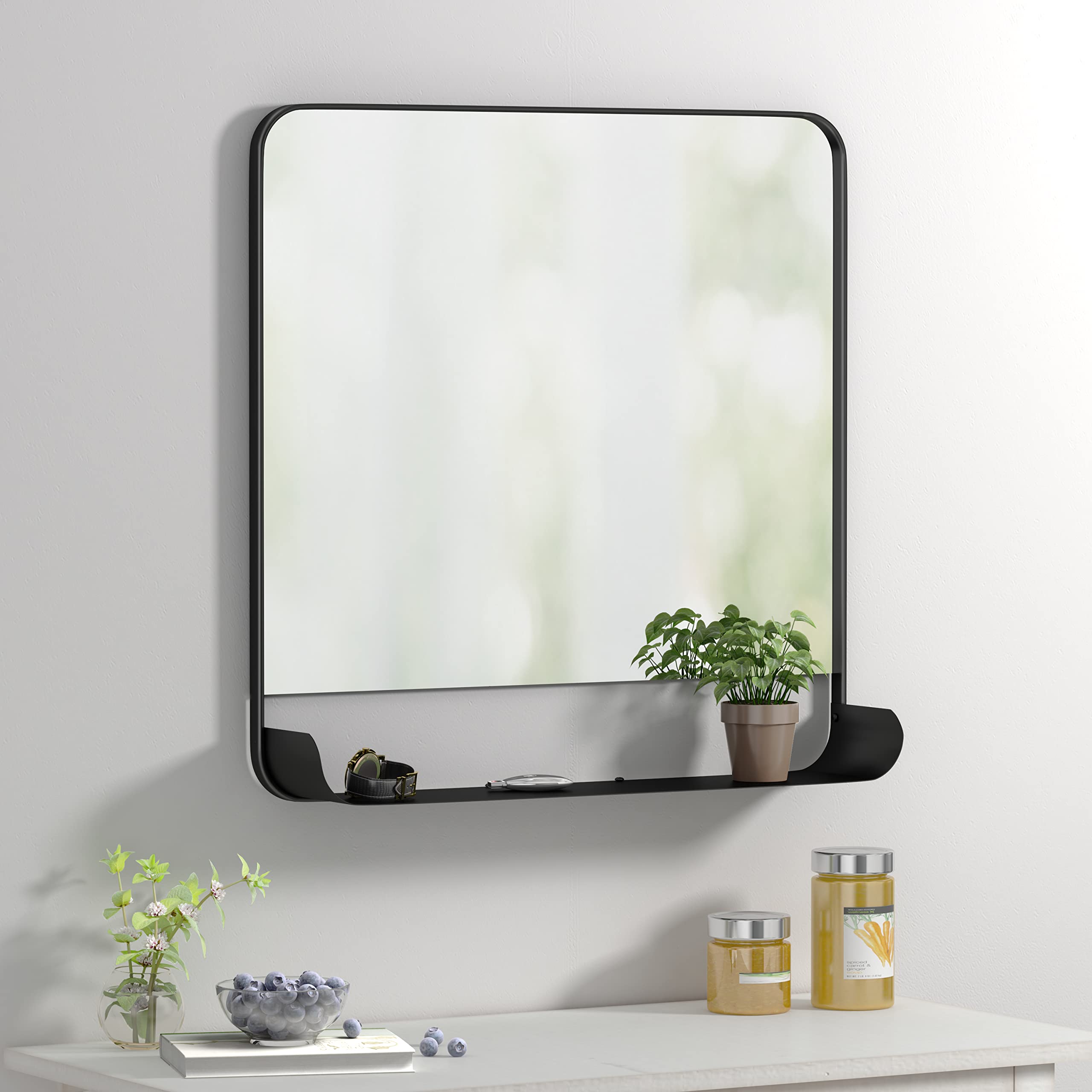 Matte Black Bathroom Mirror with Shelf Vanity Mirror Farmhouse, Modern Square Metal Rounded Corner Wall Mirror for Bathroom Living Room, Bedroom, Entryway 24" x 24"