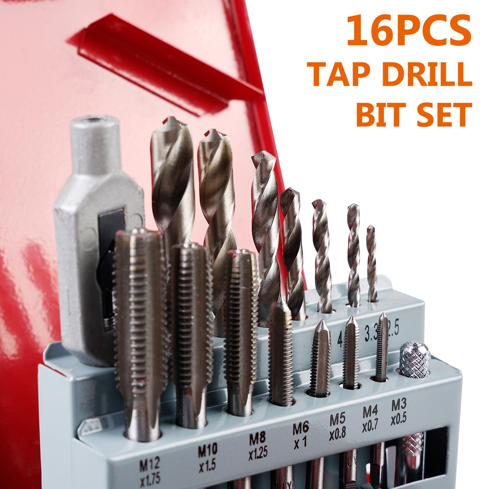Jeu de tarauds avec cassette en métal : lot de 16 tarauds pour machine, tarauds à carotter, tarauds à tarauder, tarauds à tarauder avec foret