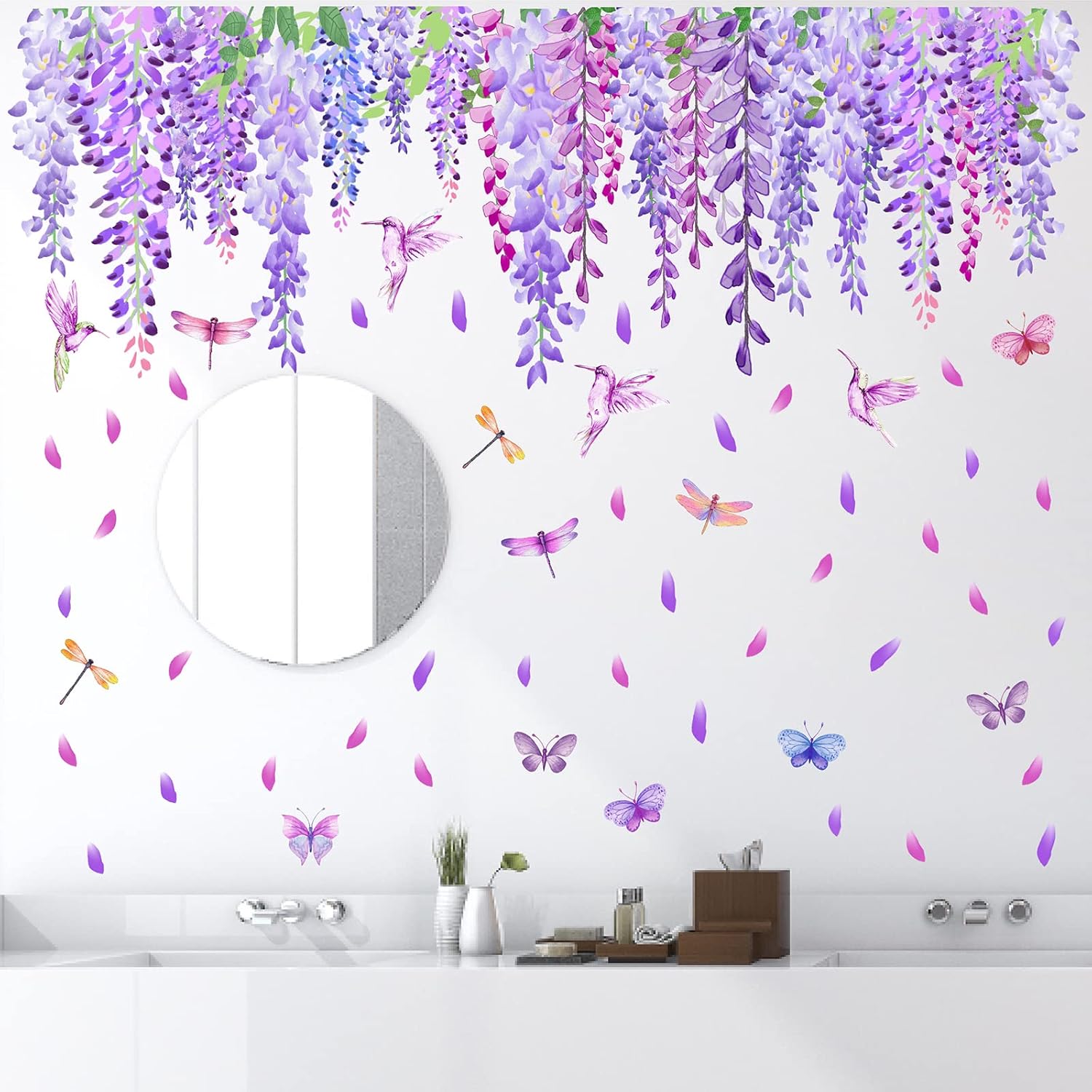 Flower Vine Wall Stickers Summer Purple Flowers Window Wall Stickers Floral Wisteria Window Decals Garden Flower Decal Hanging Flowers Stickers for Bedroom Living Room Decor