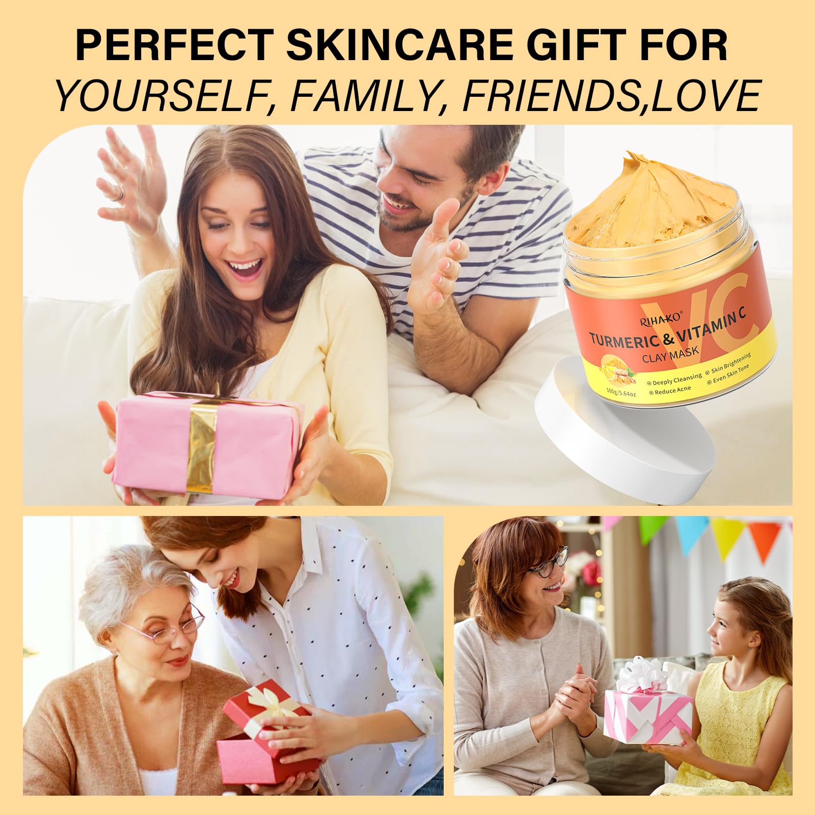 Stocking Stuffers for Women Turmeric Vitamin C Clay Mask| Deep Cleansing Facial Clay Mask for Dark Spots, Dull Skin, Refining Pores and Controlling Oil,Dark Spot Remover for Face,Face Masks Skincare