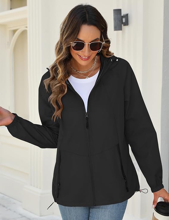Avoogue Raincoat for Women Waterproof Windbreaker Packable Hooded Lightweight Rain Jacket Black XL