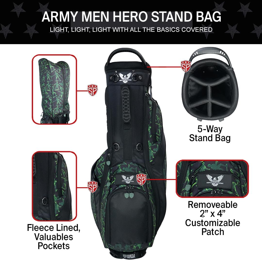 Subtle Patriot Golf Stand Bag - 5-Way Stand Bag | 4X Adjustable Strap System | Flex-Foot (No Pedal) Stand System, Stealth-Army Men