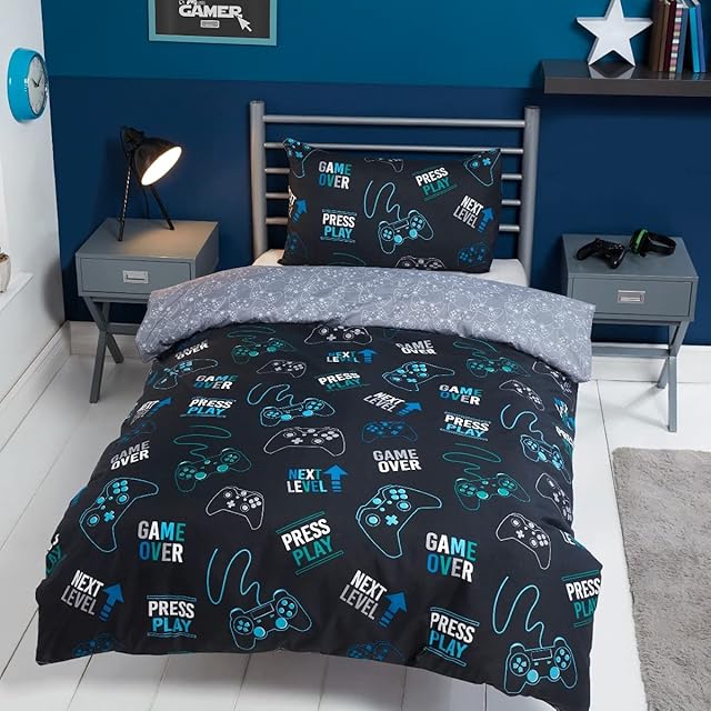 Sleepdown Kids Childrens Video Games Console Controller Gamepad Black Grey Reversible Soft Easy Care Duvet Cover Quilt Bedding Set with Pillowcase - Single (135cm x 200cm)