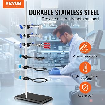 VEVOR Lab Stand Support, Laboratory Retort Support Stand Set, Steel Lab Stand 23.6 Rod and 8.3 x 5.7 Cast Iron Base, Includes Flask Clamps, a Burette Clamp and Cross Clamps