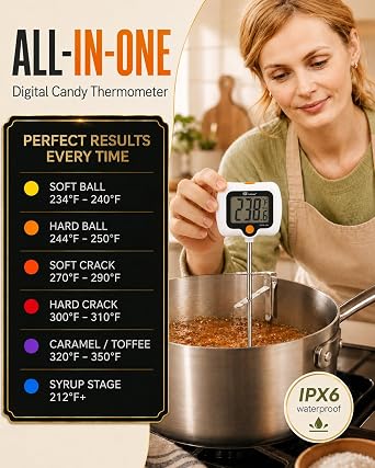 Digital Candy Thermometer with 180 Rotating LED Screen, 304 Stainless Steel Probe, Heat Shield, 2 Pot Clips, Accurate Sugar & Deep Fry Thermometer White