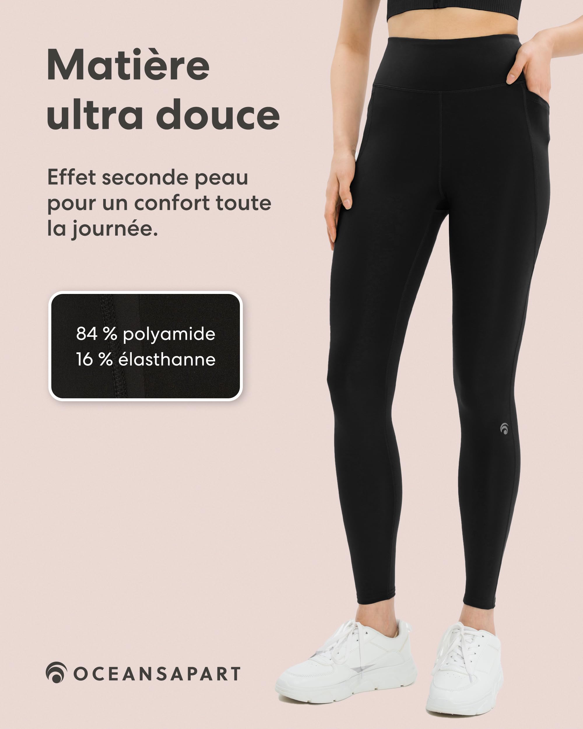 Oceansapart Soho Legging de Sport Femme avec Poches Latérales Taille Haute pour Running, Yoga et Salle - Legging Sport Femme Respirant en Tissu Technique Gainant Taille XS-XXL