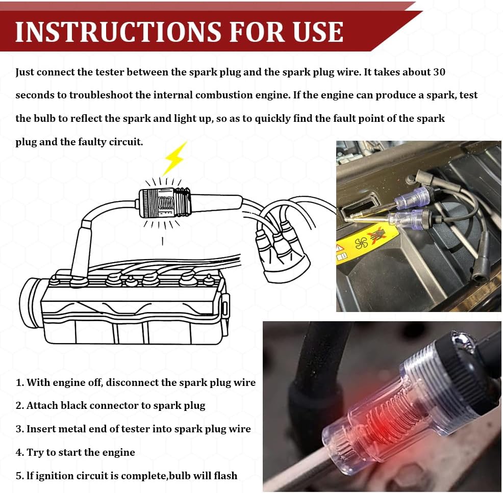 Inline Spark Plug Tester, Ignition Coil Tester, Straight Boot Engine Ignition Tester Light Easy to Use, Engine Verification-Armature Diagnostic Test Tool for Cars Motorcycle Lawn Mower (1PCS)