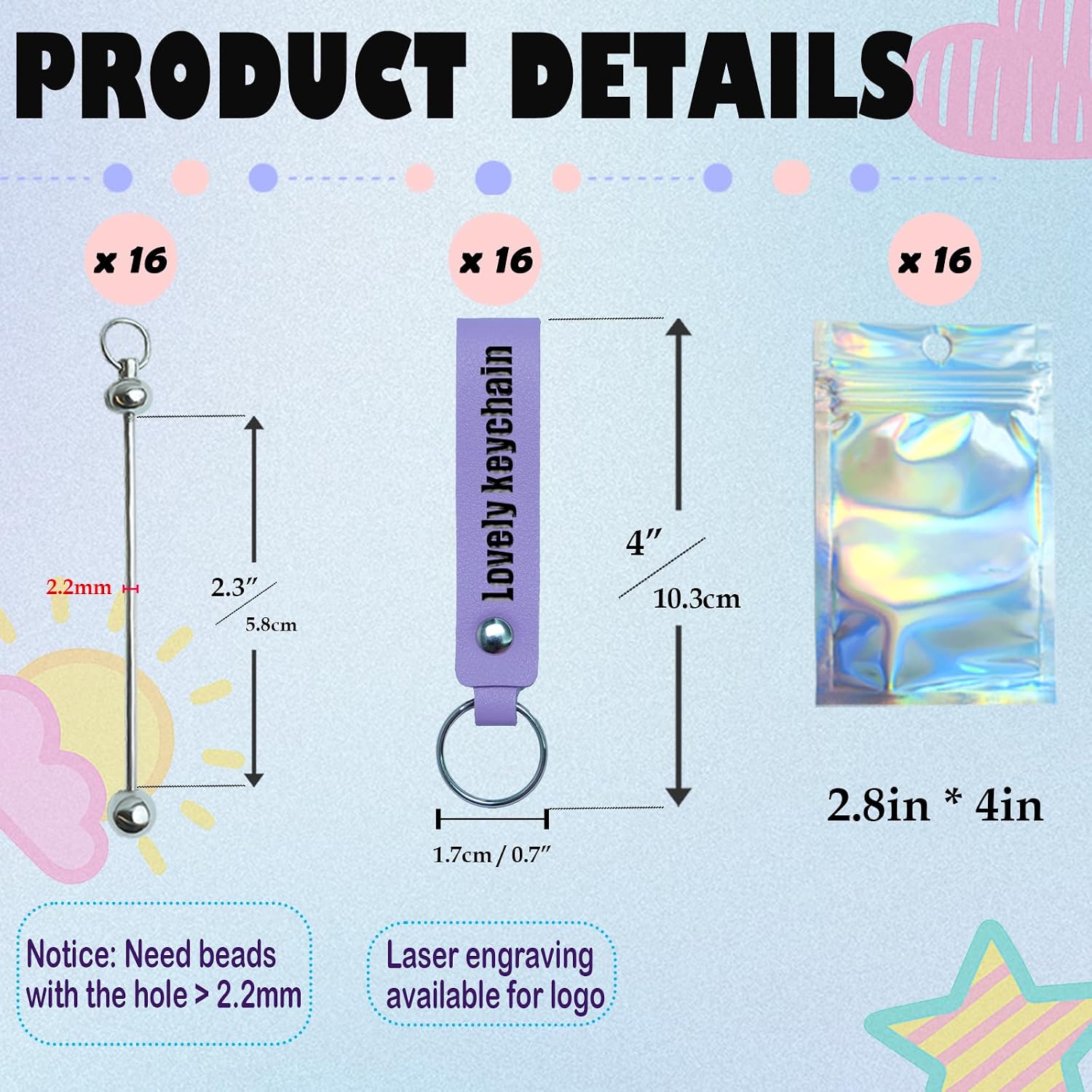 LEIOSAGN 144 Laser Engraving PU Leather Beadable Keychain Making Kit