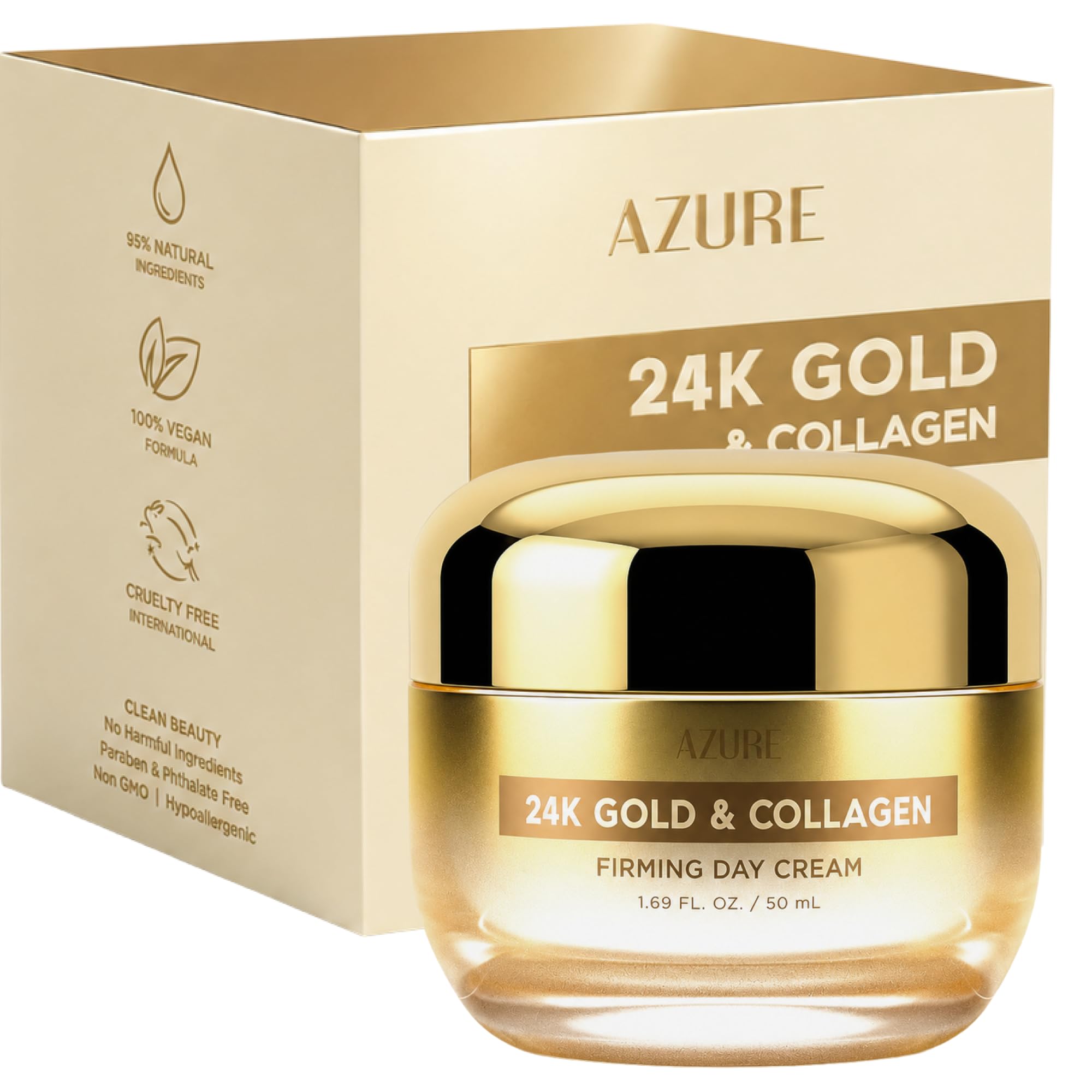 AZURE Crème de jour raffermissante à l'or 24 carats et au collagène – Crème hydratante illuminante et liftante à l'acide hyaluronique – Réduit les rides et ridules – Anti-âge et tonifiant – Soin de la