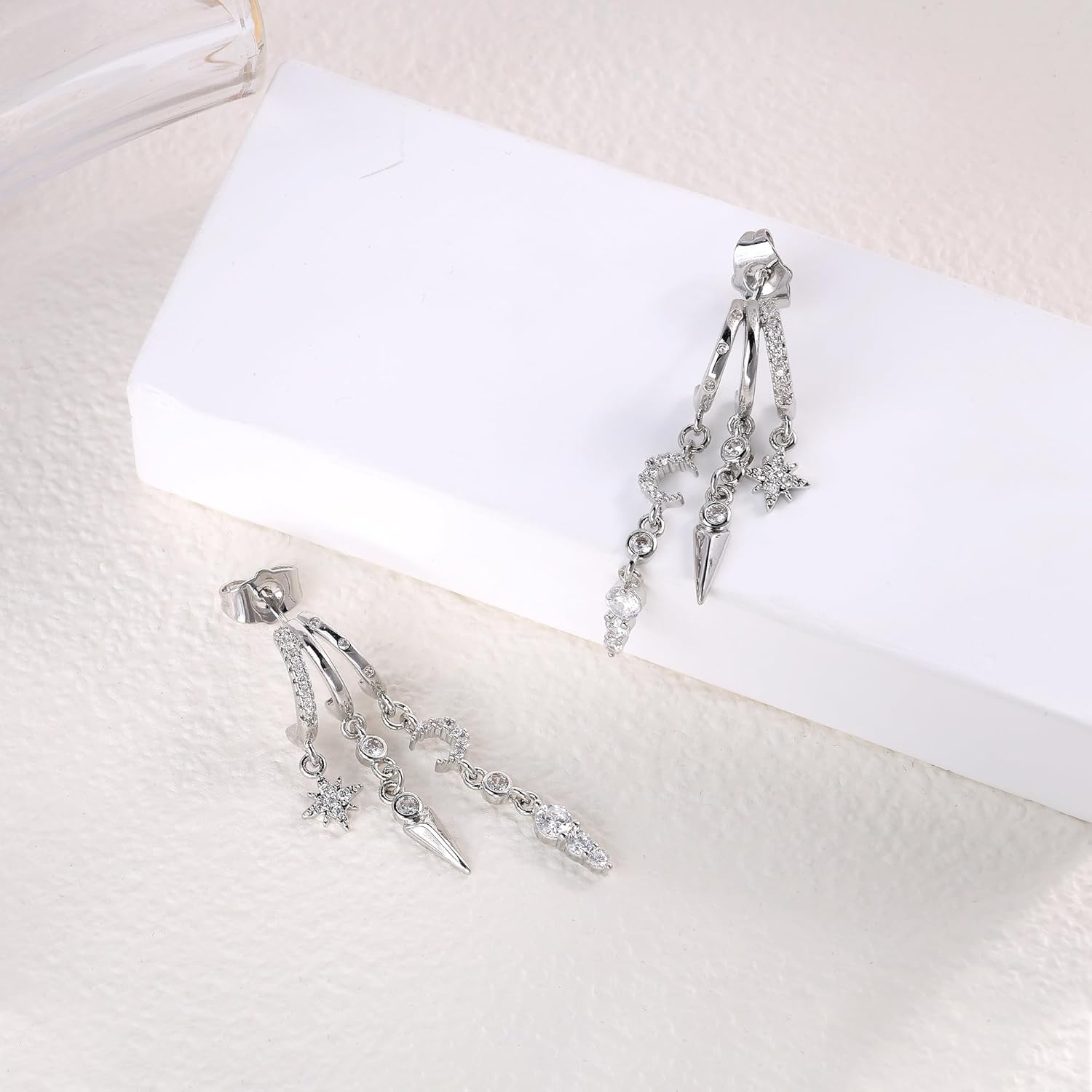 Dangle Earrings for Women 14k Gold Plated Triple Illusion Huggie Hoop Earrings Gothic Cute Moon Star Chain Drop Earring Dainty Statement Stud Women Jewelry - Image 5