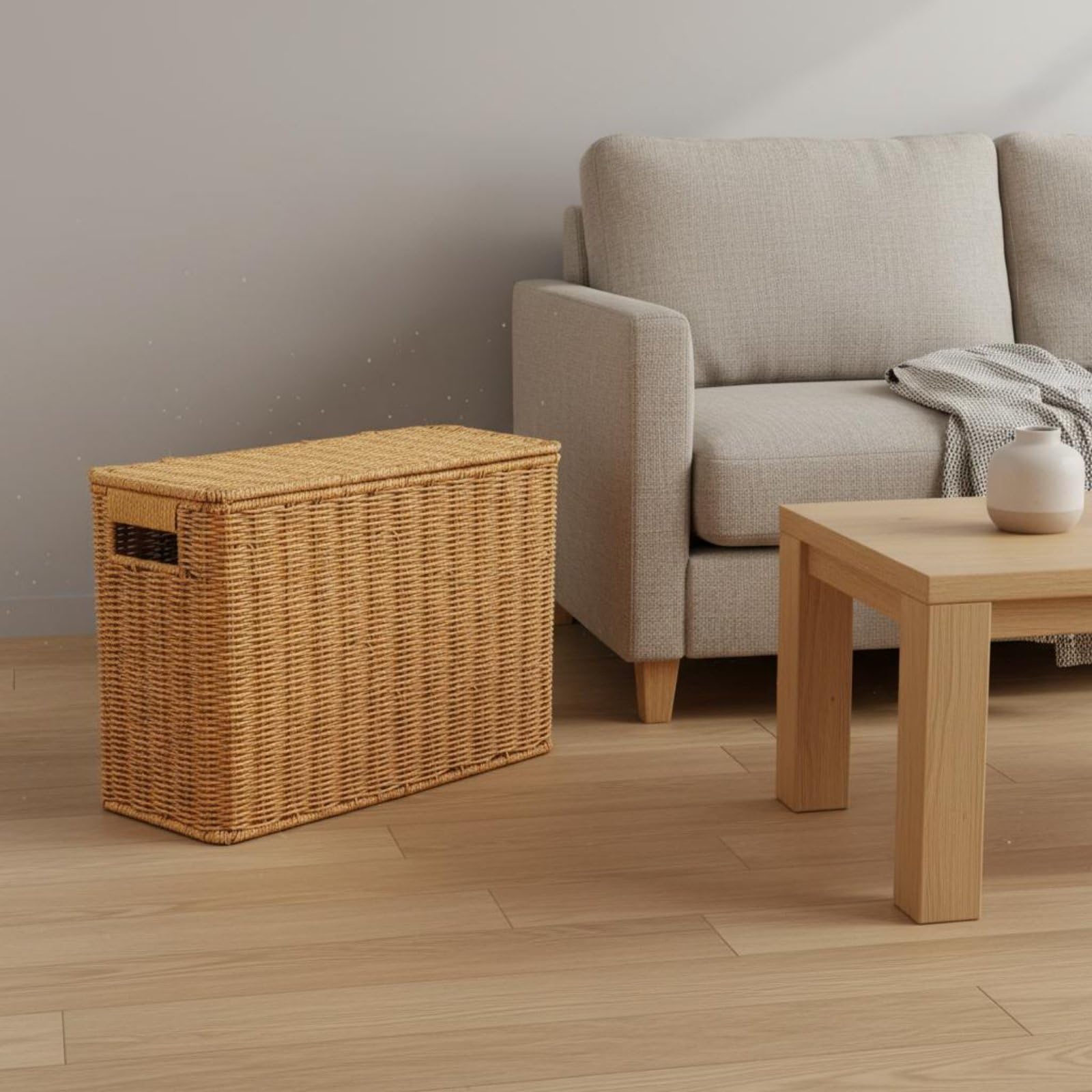 perfk Cesta Organizadora Tejida con Tapa Protectora y Estructura Resistente de Hierro Diseño Decorativo Trenzado de Ratán Asas Prácticas Adecuada para Dormitorio Baño Sala de Estar, L