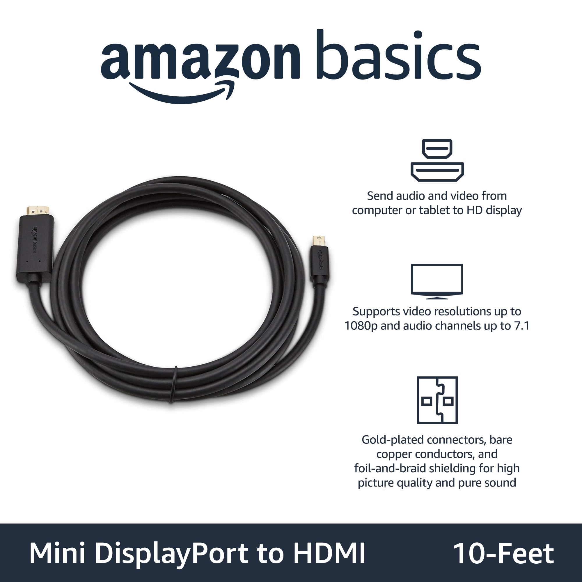 Amazon Basics Mini DisplayPort to HDMI Display Cable, 1080p, Gold-Plated Plugs, 10 Foot, Black