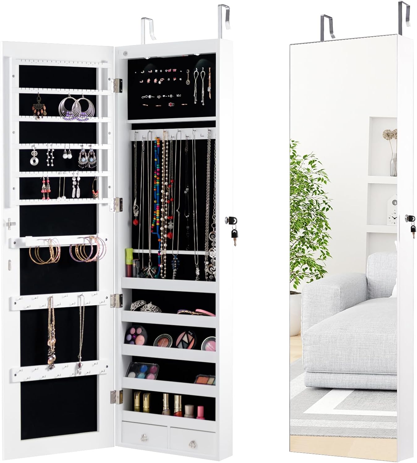LOKO Mirrored Jewelry Armoire, Wall/Door Mounted Jewelry Cabinet with Full-Length Mirror, Lockable Jewelry Storage Organizer with 2 Drawers & 2 LED Lights, for Girls Women Gift Bedroom (White)