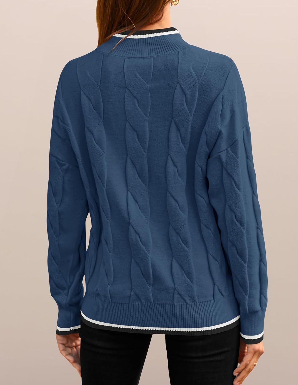 ZESICA Women's Casual Long Sleeve Mock Neck Cable Knit Contrast Color Fall 2026 Winter Chunky Pullover Sweater - Image 4