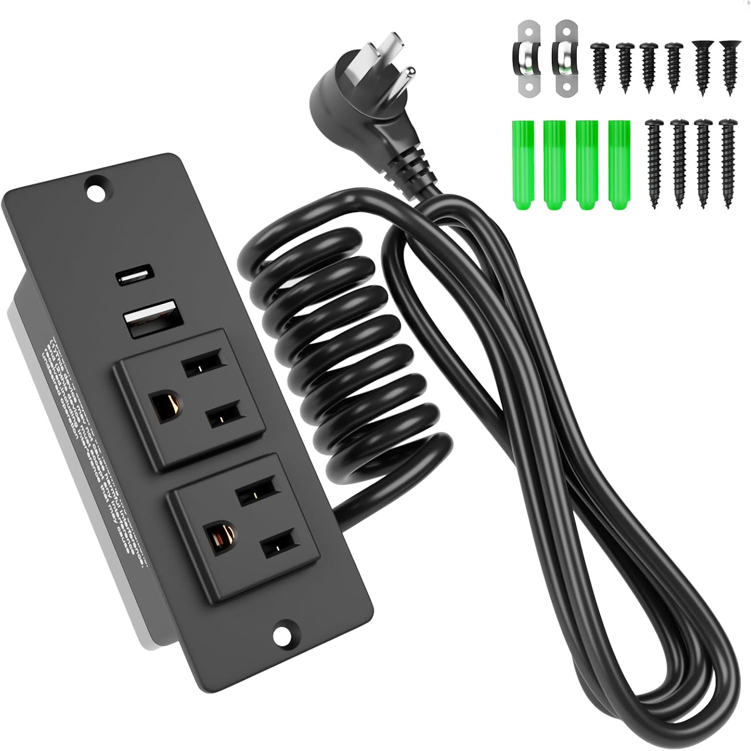 Drawer Outlet Kit, Recessed Drawer Socket with 4 Power Outlets, Clutter-Free Power Strip, 2 12 Amp AC Ports, USB-A, USB-C, 6.9FT Spring Power Cord, UL Listed