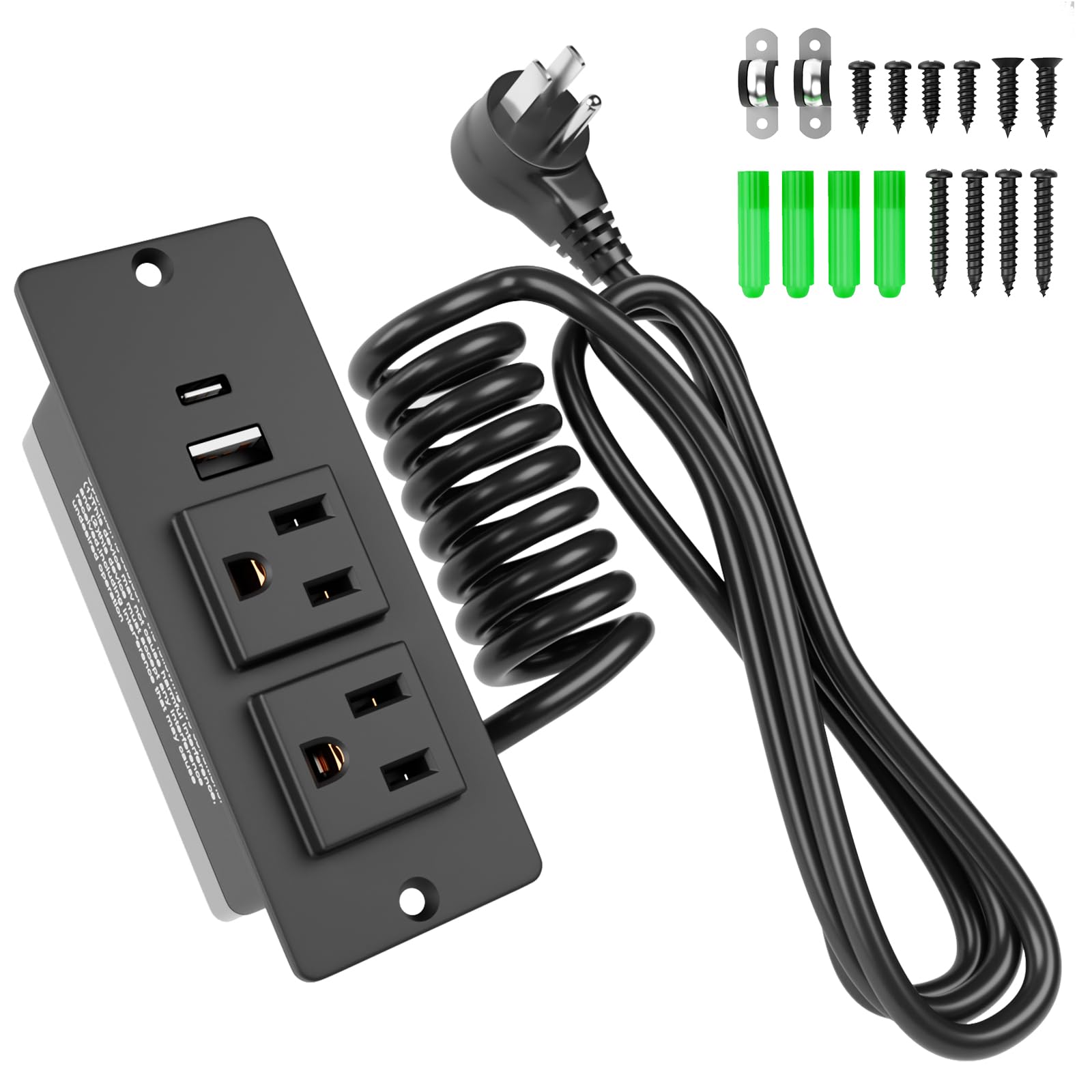 Zestaw gniazd do szuflad, gniazdo podtynkowe z 4 gniazdami, 2 porty AC 12 A, USB-A, USB-C, sprężynowy kabel zasilający 1,2 m, na liście