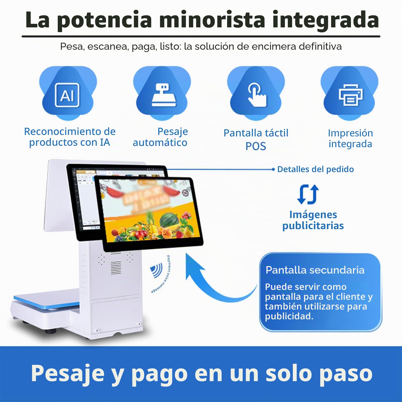 TPV con Báscula, Pantalla Táctil Capacitiva De 15,6", Terminal TPV con Escáner Portátil Y 10 Rollos De Papel, Caja Registradora con Teclado E Impresora. para Restaurantes Singlescreen