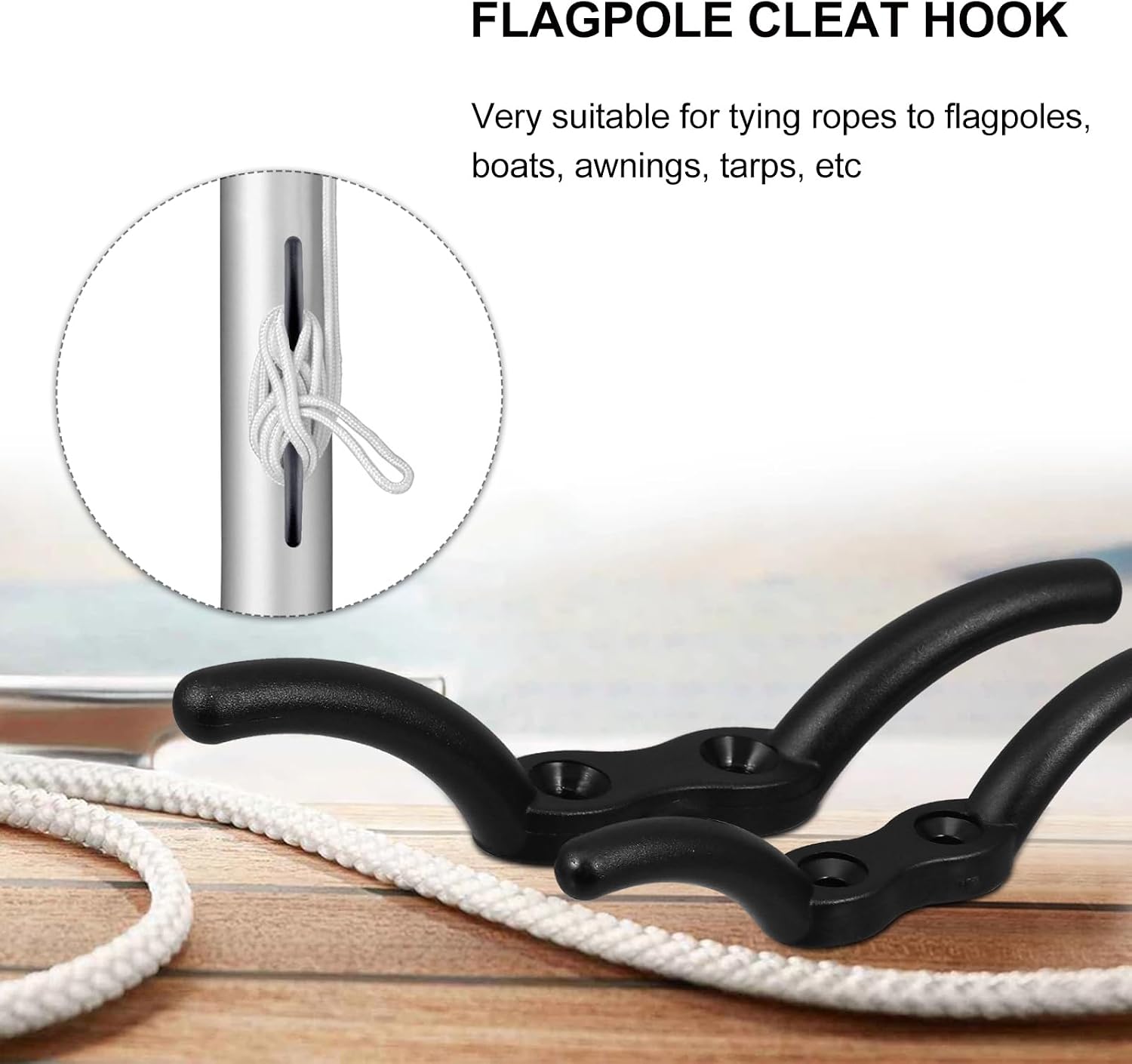 Toddmomy Flagpole Cleat Hook with Stainless Steel Screws 5.90 Inch Nylon Rope Fixing for Boats Outdoor Flagpole Hardware