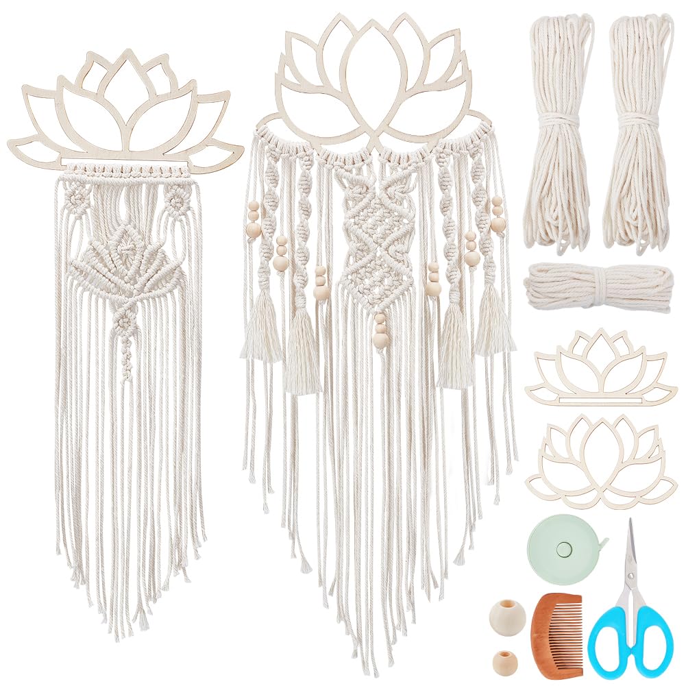 FREEBLOSS 2 Set DIY Macrame Lotus Wall Hanging Kit Macrame Tapestry Wall Hanging with Macrame Frame Lotus Wall Hanging Decor for Living Room Macrame Kit for Beginner with Instruction
