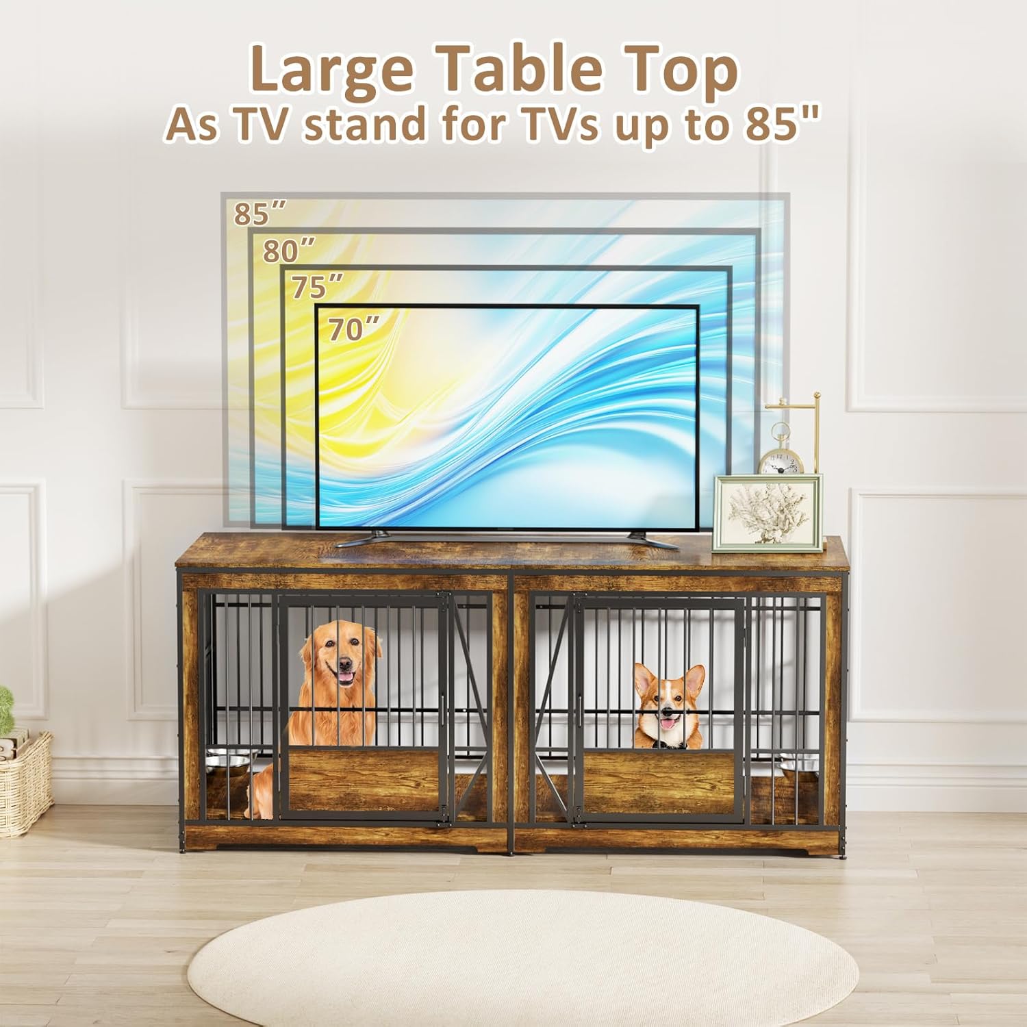 86 in Double Dog Crate Furniture for 2 Dogs, Extra Large Dog Cage with Adjustable Divider, Heavy Duty Dog Kennel Indoor with 4 Bowls, XXL Dog Crate Wooden TV Stand End Table for Large Breed, Brown