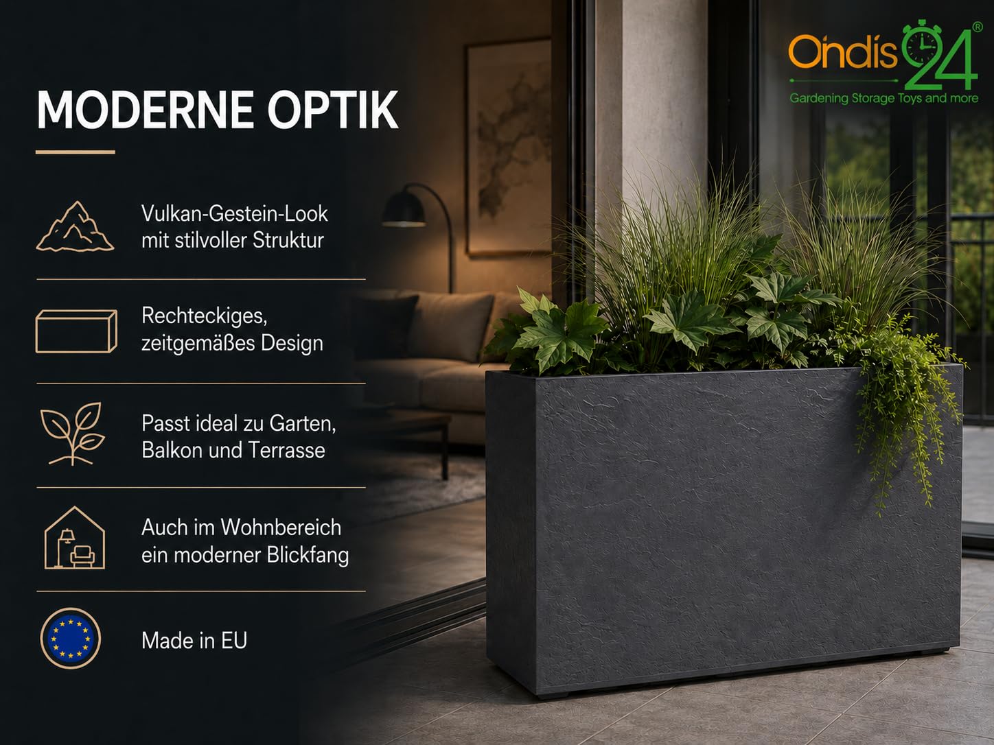 Ondis24 Pflanzkübel Vulkan LOFT, Blumenkübel rechteckig, Blumentopf Wasserspeicher, Schiefer Gestein Optik, Winterfest (63 Liter, Anthrazit)
