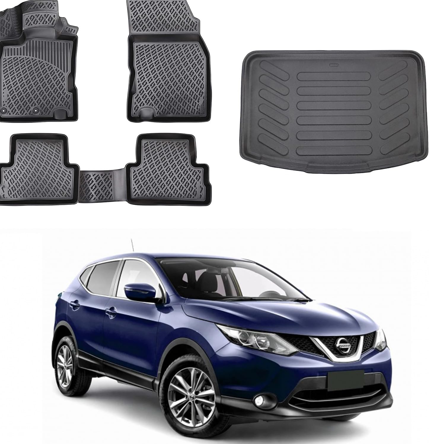 Floor Mats & Cargo Liner Set for Nissan Qashqai 2013-2021 SUV | Black TPE All Weather Custom Fit Floor Liner for 1st 2nd Rows and Trunk Car Mats