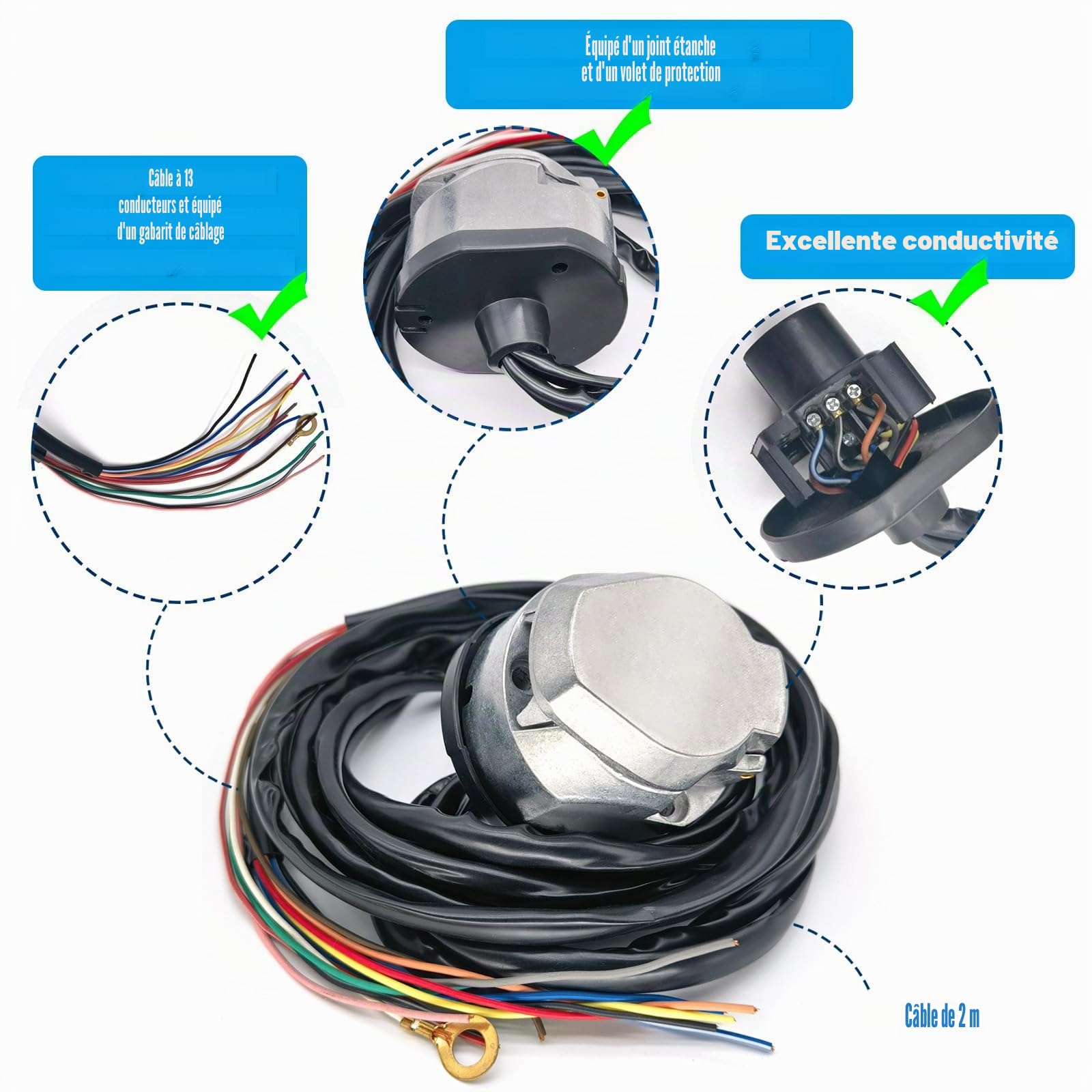 Faisceau Prise Remorque 13 Broches avec 2 m Câble 13 Fils, Rallonge d'attelage Remorque 13 PIN Metal Pré-câblé - Imperméable