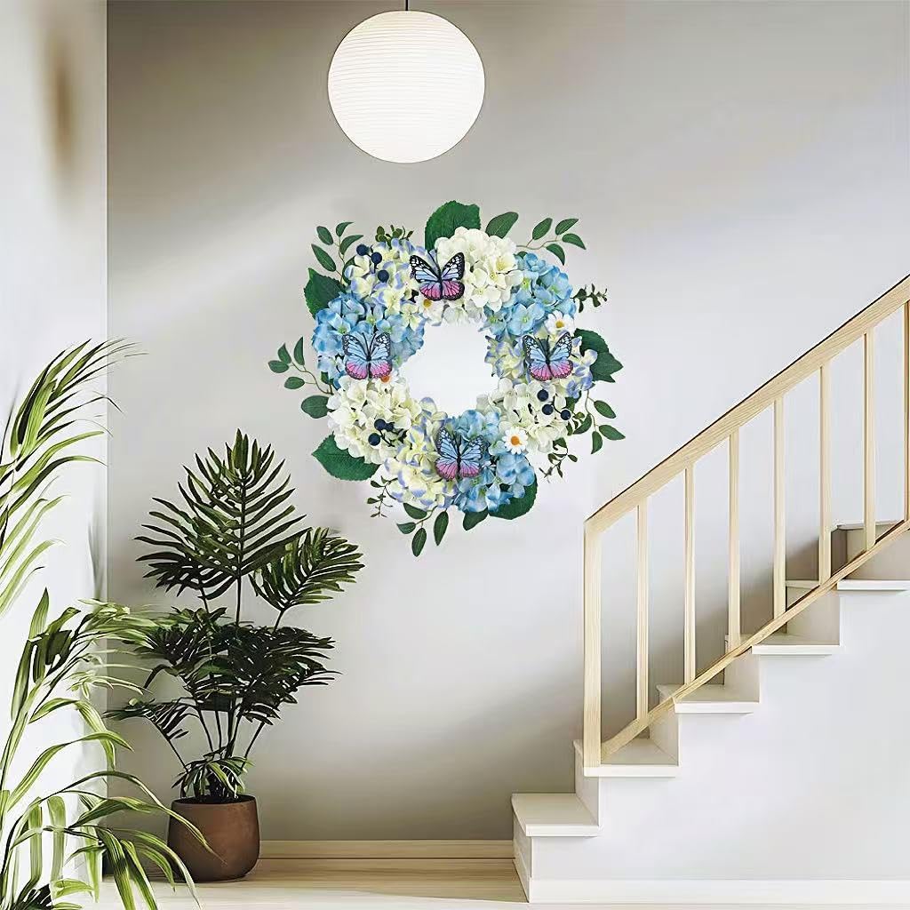 20Inch Blue Hydrangeas Wreath for Front Door,Artificial Leaves and Berries,Outdoor Wreath for Home, Farmhouse, Wedding, Outside Decor - Spring, Summer, Fall, All Seasons