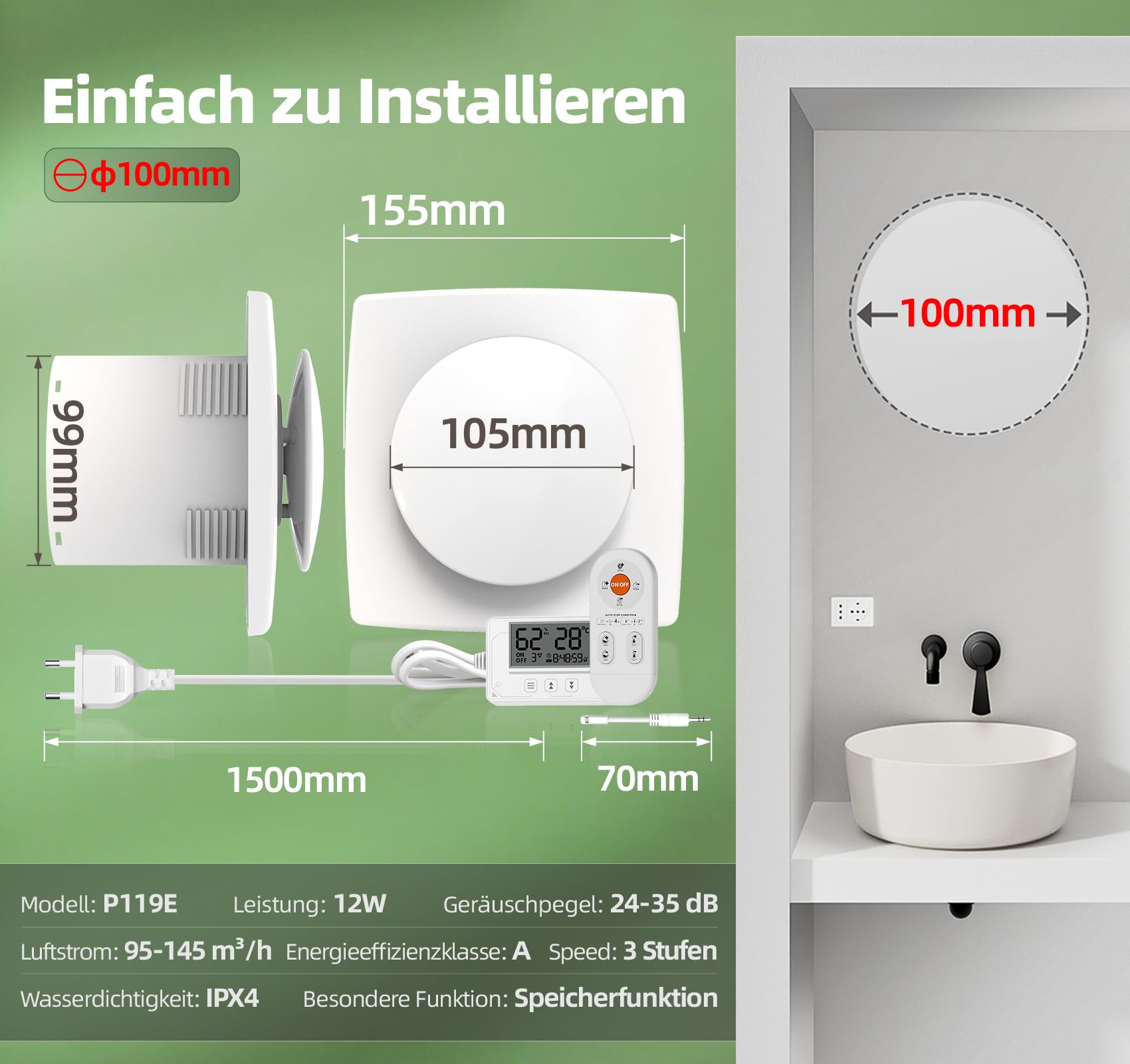 Gebläseventilatoren, Badlüfter mit Feuchtigkeitssensor Temperatursensor Timer - 3 Stufen Bad Lüfter 100mm mit Fernbedienung, Echtzeit Display, Leistungsstark Leise Abluftventilator QU119