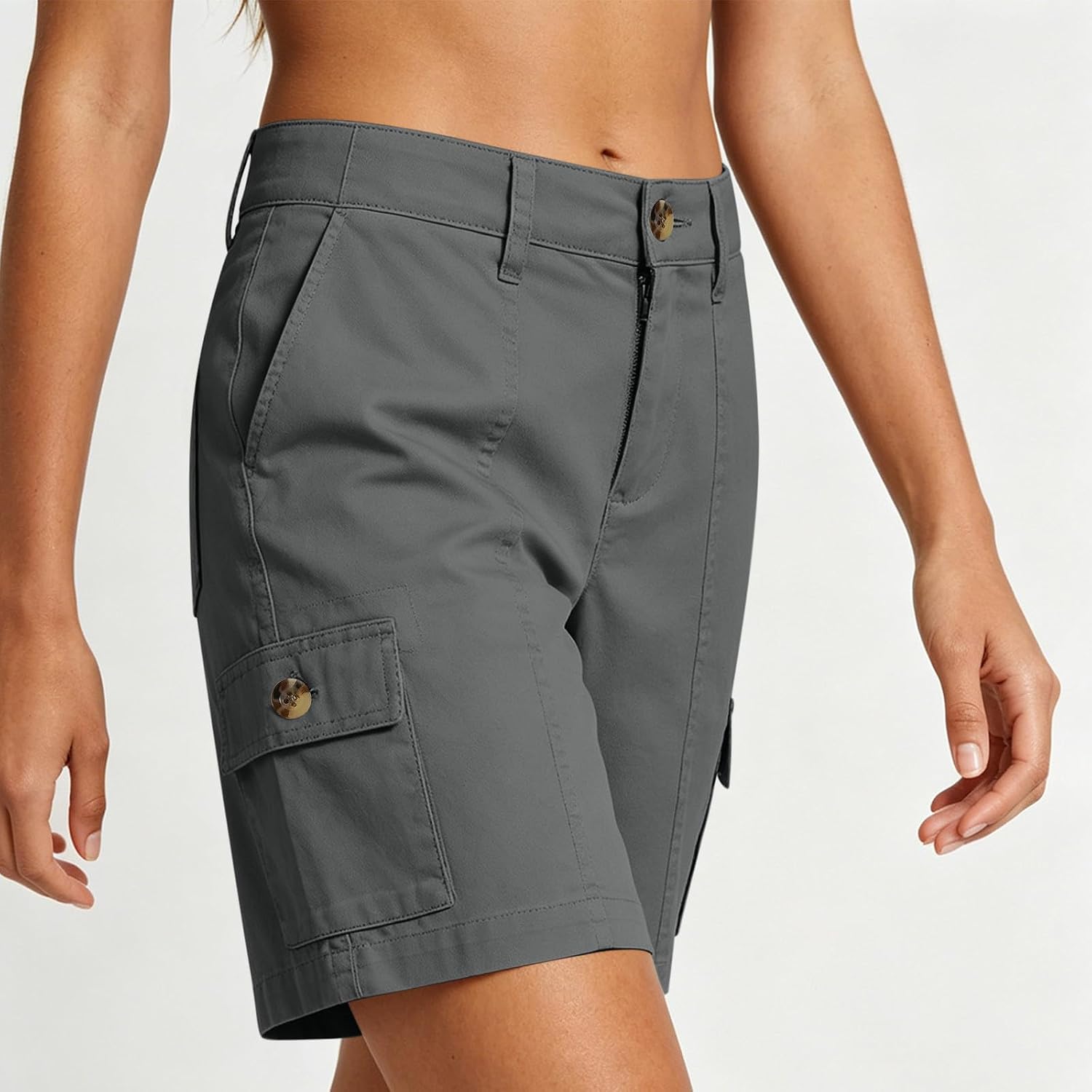 Womens Bermuda Shorts Cargo Shorts Knee Length Pants 4 Pockets Summer Casual Elastic Waist Shorts for Hiking Outdoor