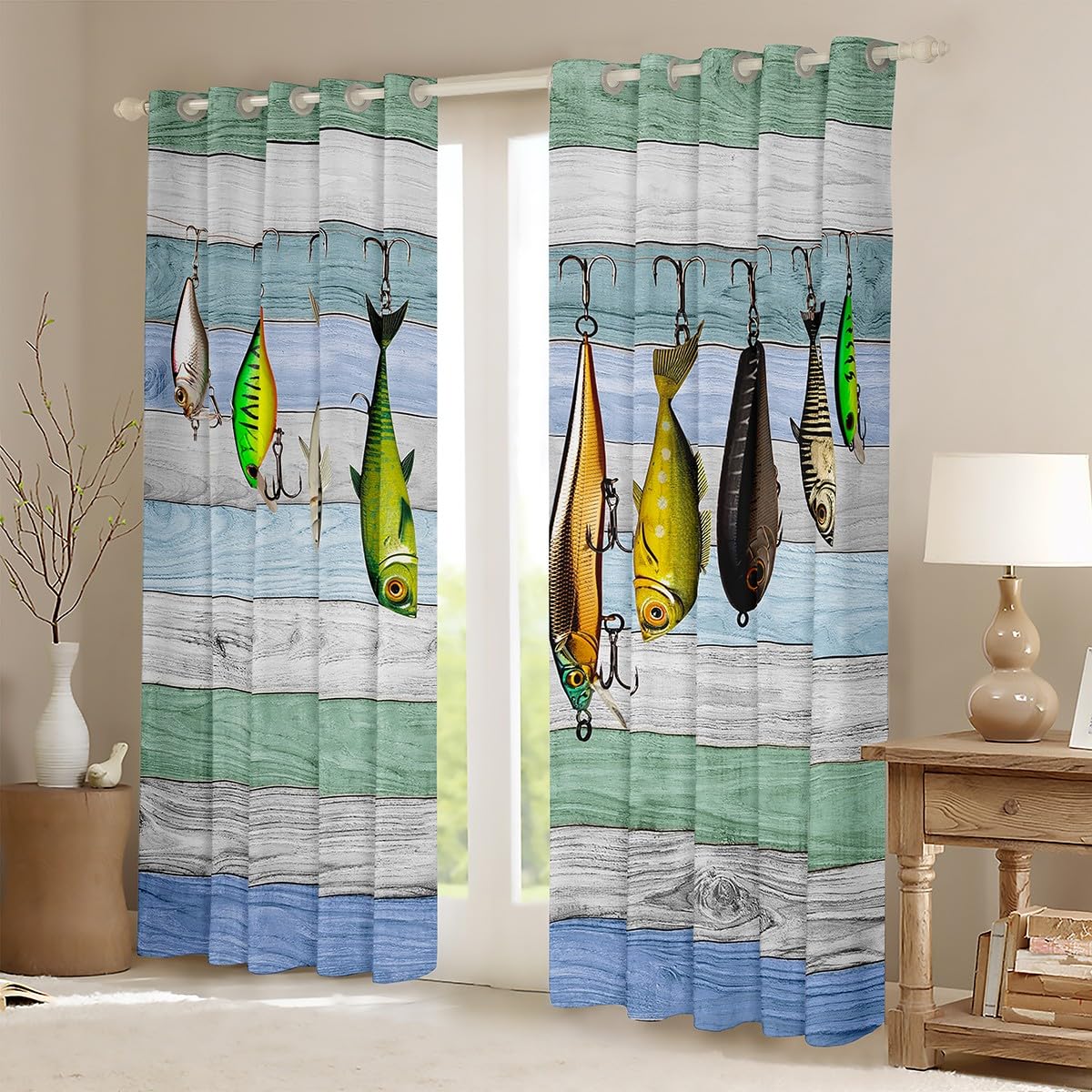 Colorful Fish Curtains, Fish Hook Fishing Blackout Curtains for Kids Boys Girls Teens, Rustic Farmhouse Window Curtains & Drapes for Bedroom Living Room, Western Style Darkening Curtains 42