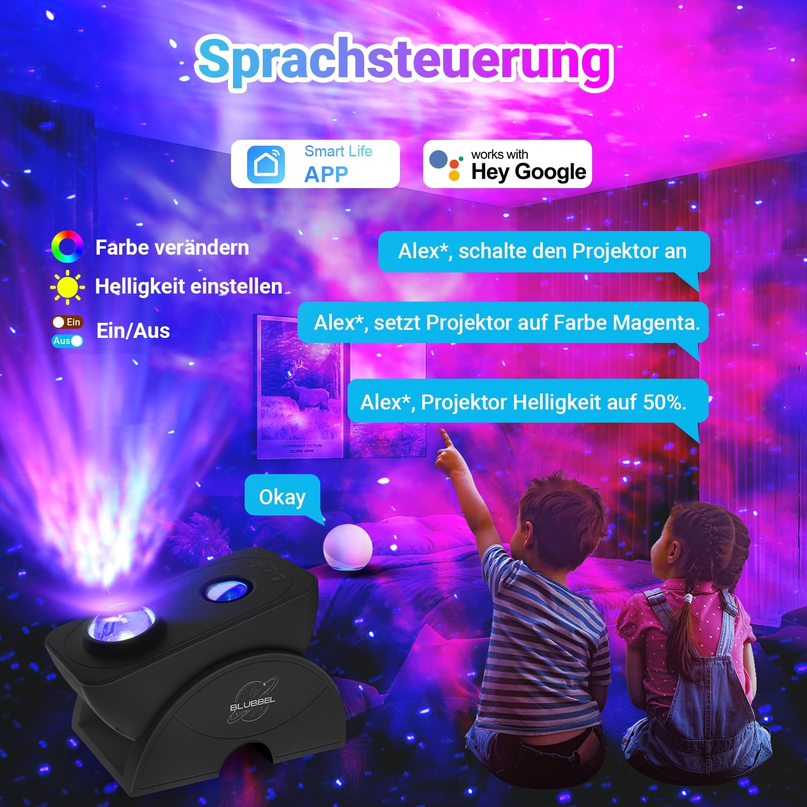 Blubbel LED Sternenhimmel Projektor, WLAN Sternenprojektor, 3D Galaxy Lampe Nachtlicht, App-/ Sprachsteuerung, Star Projector, Sternenlicht Galaxie, Alexa/Google kompatibel, Baby, Kinder, Schlafzimmer