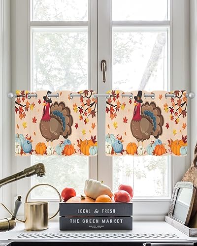 Miniatura 3 de Autumn Turkey Sheer Curtains 24 Inch Length Light Filtering Curtain Panel for Windows, Pumpkins Fallen Leaves and Rustic Style Grommet Semi Sheer