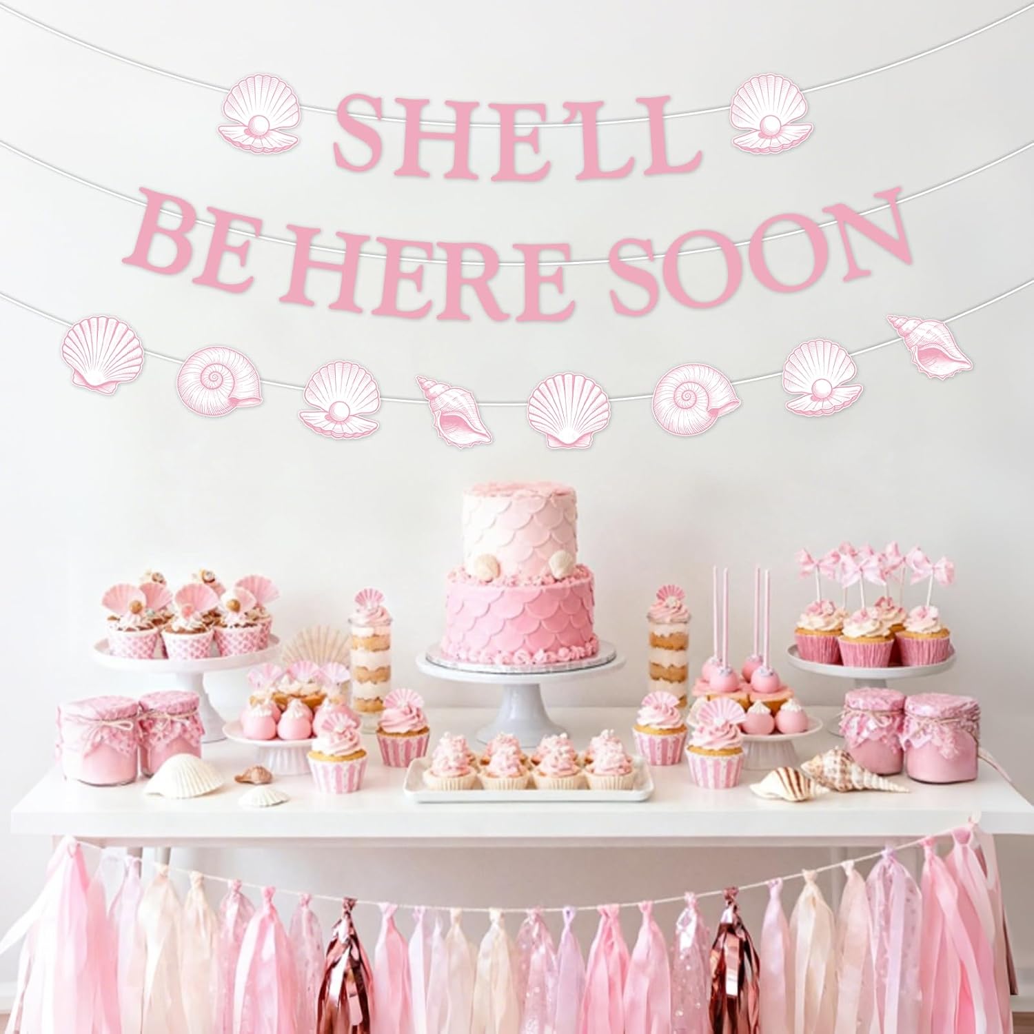 JOYMEMO Pink She'll Be Here Soon Banner with Seashell Banner - Seashell Baby Shower Party Decorations, Under the Sea Ocean Themed Decorations for Pregnancy Celebration Newborn Party
