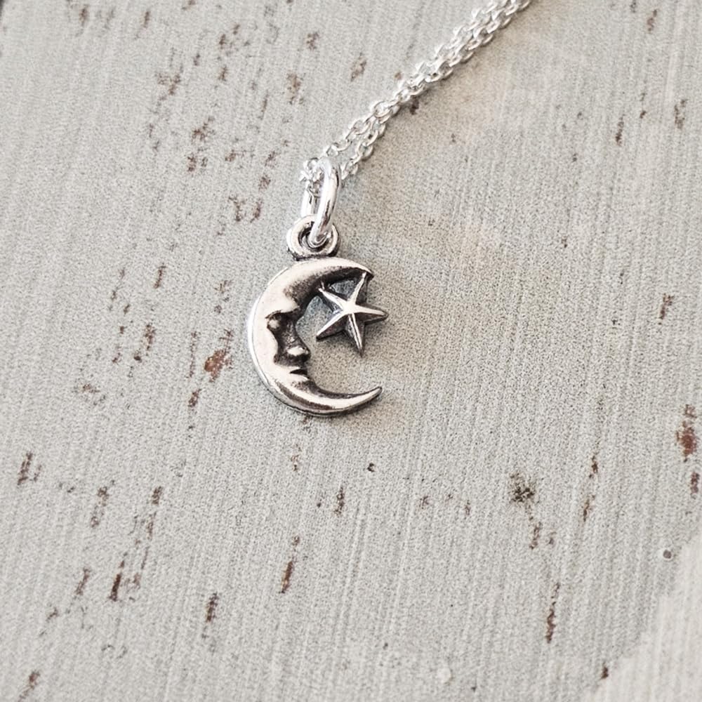 Sterling Silver Tiny Crescent Moon and Star Charm Necklace, 18" - Image 2