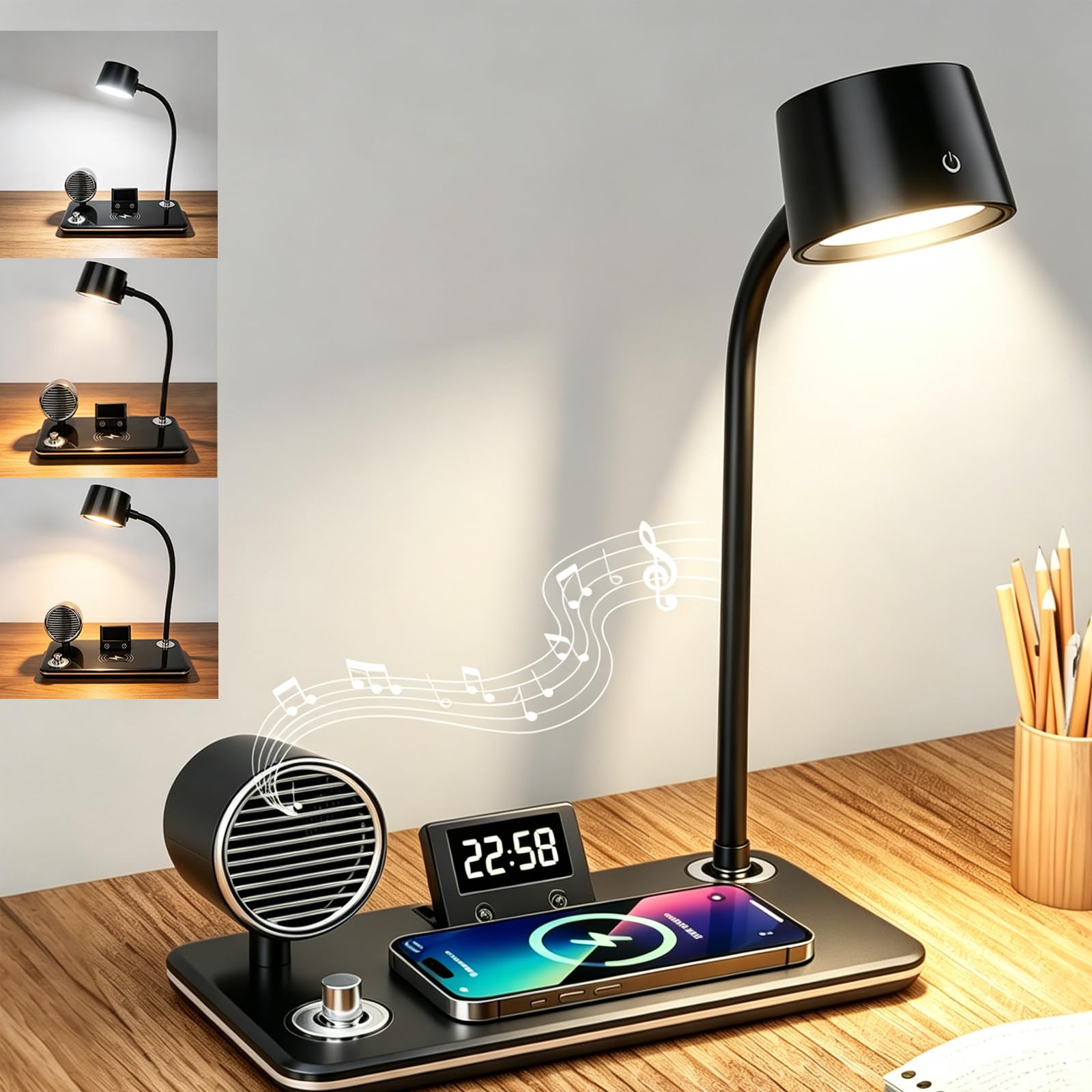 Mrilary LED Desk Lamp with USB, Dimmable Desk Light with 3 Color Temps, Timer Reading Light, 15W Wireless Charging, Bluetooth Audio, Eye Caring Table Lamp for Home Office Bedroom, Black