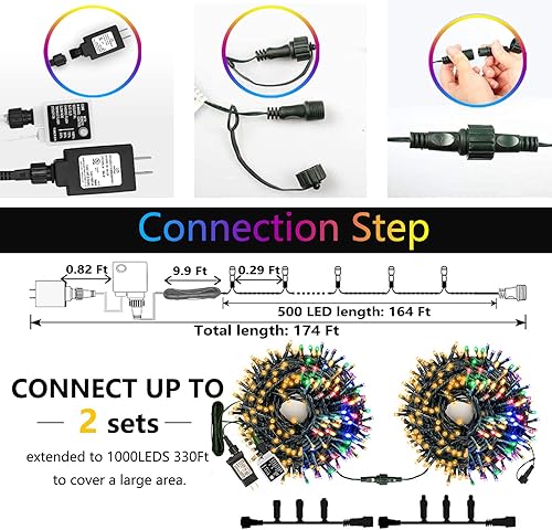 Miniatura 6 de Guirnalda de luces de Navidad que cambian de color para interiores y exteriores, 11 modos, 500 luces LED de 174 pies, luces de árbol de Navidad