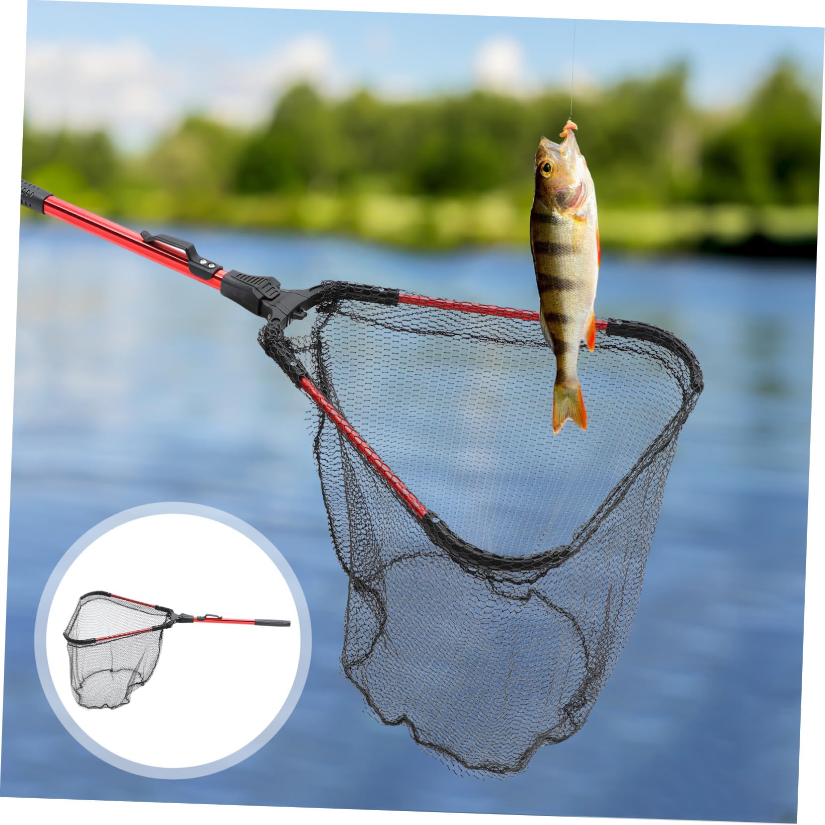 Red de Pesca Manual Telescópica Triangular Plegable de Aleación de Aluminio Reforzada Mango Rojo para Pesca en Ríos Lagos y Embarcaciones