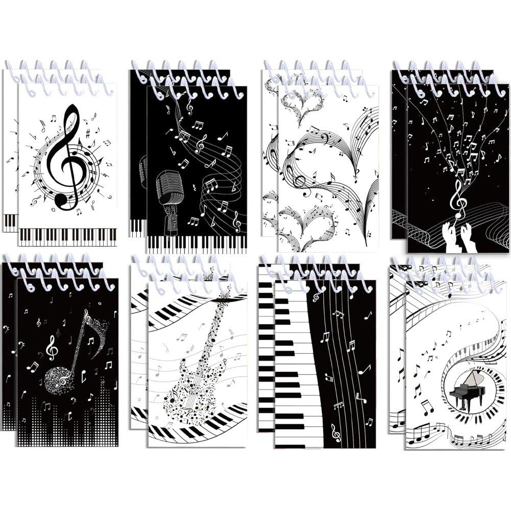 Ppmter Mini Notebook, 16 Pcs Spiral Small Notebooks Memo Note Pads, Music Themed Pocket Notepad for Office School Party Favor Gifts and Goodie Bags
