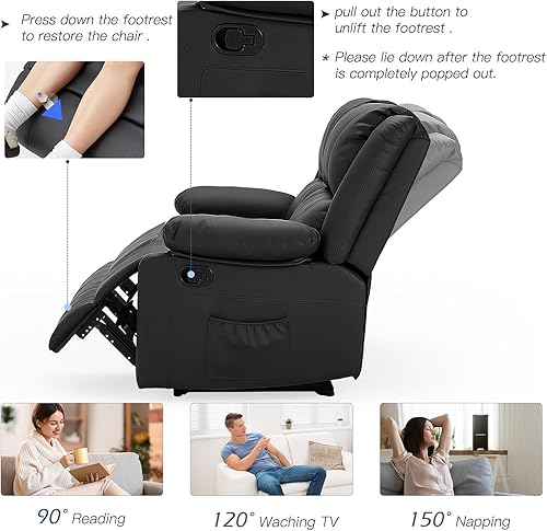 Miniatura 4 de Juego de sofá reclinable, 2 sofás manuales de cuero para sala de estar, función de masaje y calor, asientos estilo teatro con bolsillos laterales,