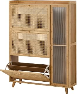 OIKITURE 3 Tier Bamboo Shoe Cabinet Shoe Storage w/Rattan & Acrylic Door | Massive Capacity, Ventilated PE Rattan & Acrylic Door, 3 Compartments, 2-Tier Shelving Per Compartment, Removable Shelves
