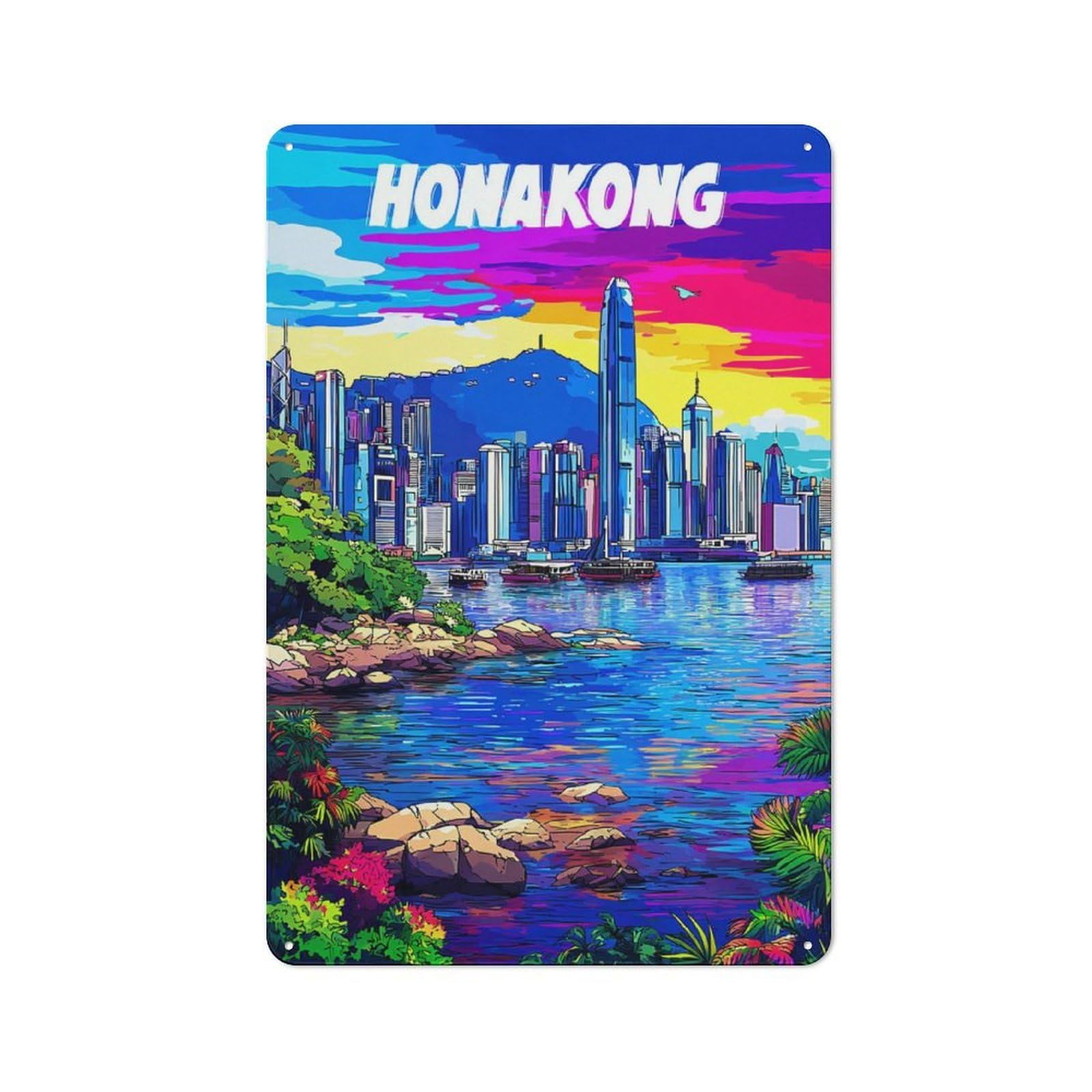 Junmoney Vibrant Hong Kong Cityscape Retro-Style Metal Sign 30X20cm For Garage Or Workshop, A Moving-Home Gift For Collectors Of Tin Signs