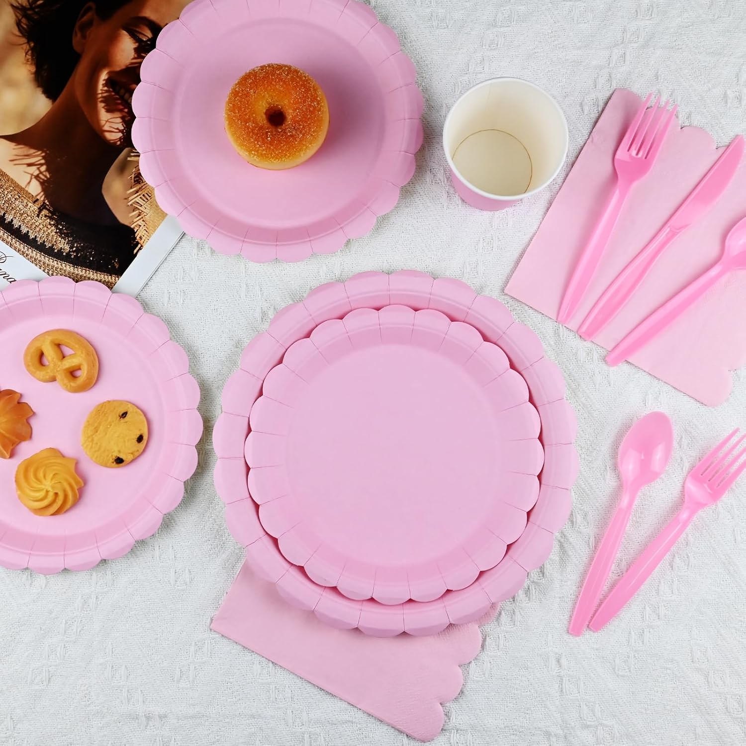 Pink Paper Plates Set for 30 Guests - 220pcs Girl Party Supplies Include Pink Scalloped Plates Napkins Cups Plastic Silverware, Scalloped Dinnerware for Baby Shower, Wedding, Birthday - Image 2
