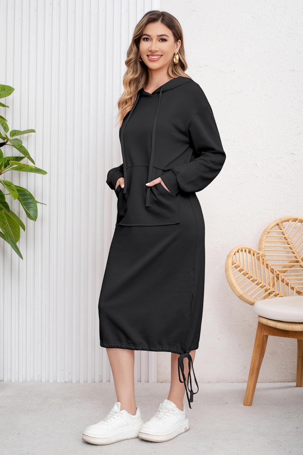ebossy Women's Casual Loose Solid Color Drawstring Hoodie Fall Warm Cotton Sweatshirt Maxi Dress with Pocket - Image 5