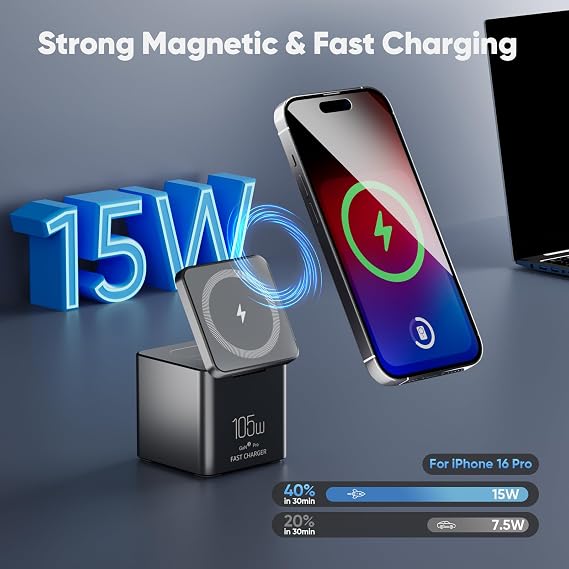 6-in-1 Charging Station for Apple 105W, Magnetic Wireless Charger, Wireless Charger Stand, Fast Charging Stand Dock, Foldable Charging Stand with Magnet for MagSafe, iPhone16-13 Series, AirPods