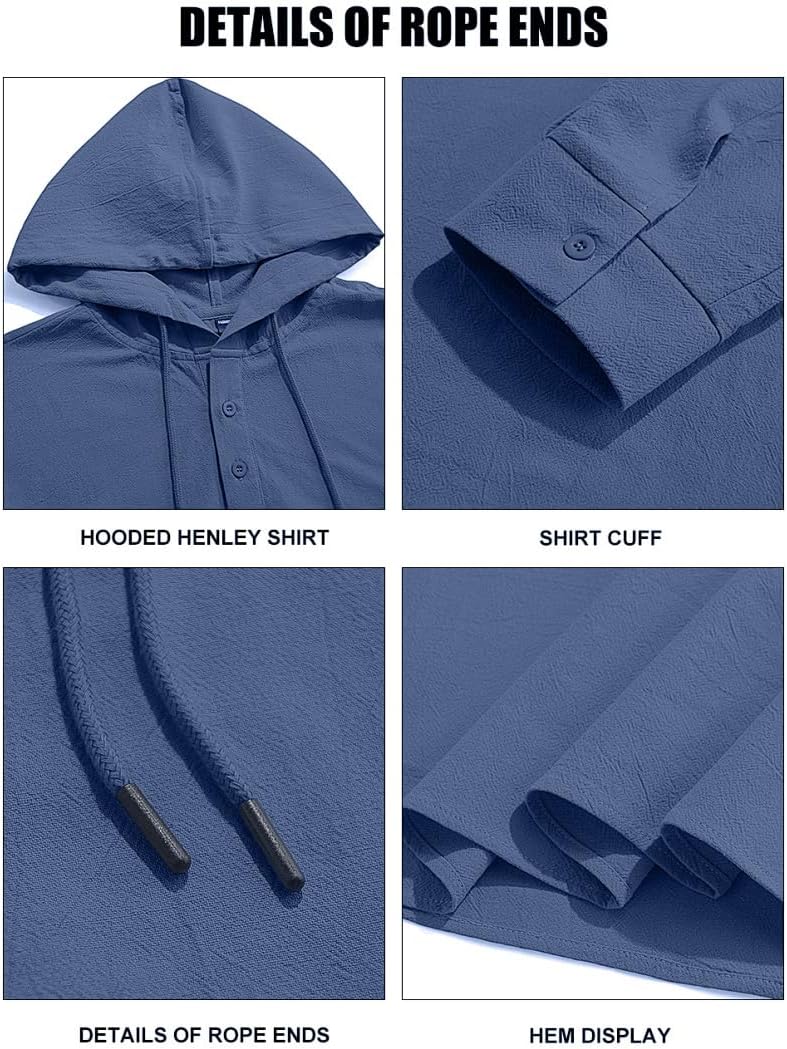 Men's Cotton Linen Hoodies Casual Hooded Long Sleeve Button Down Shirts Lightweight Casual Hawaiian Beach Sweatshirts